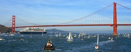 Queen Mary 2 approaches the Golden Gate Bridge