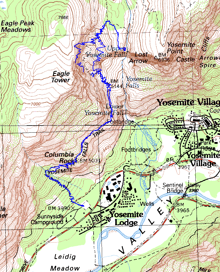 Upper Yosemite Falls topographic map