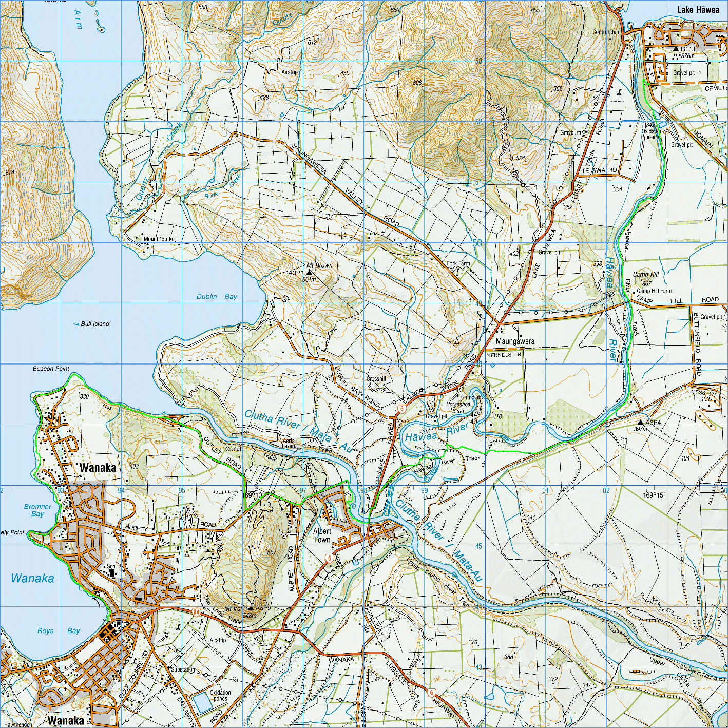 Lake Hawea to Wanaka cycle topographic map